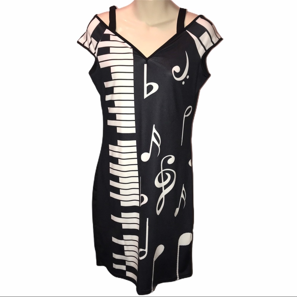 DRESSEO Piano Keys Music Notes Black White Bodycon Dress - L